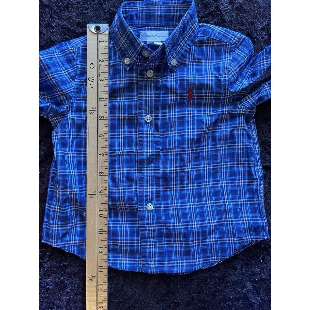 Ralph Lauren Boys Button-Up Blue Cotton Plaid Shirt Collar 12 Months‎